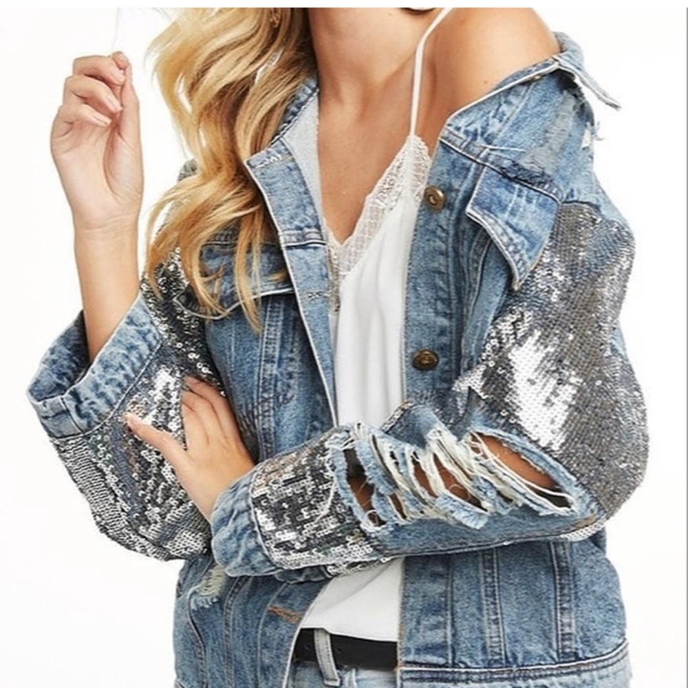 Distressed denim with sequined sleeves jacket